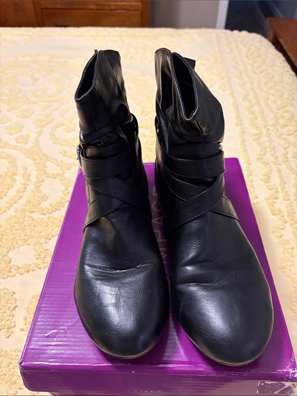 Women’s Black Ankle Boots with Wrap Strap Size 10M - slight ware on back of boot